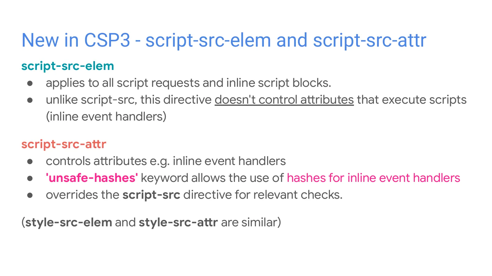 Slide 39: New in CSP3 - script-src-elem and script-src-attr