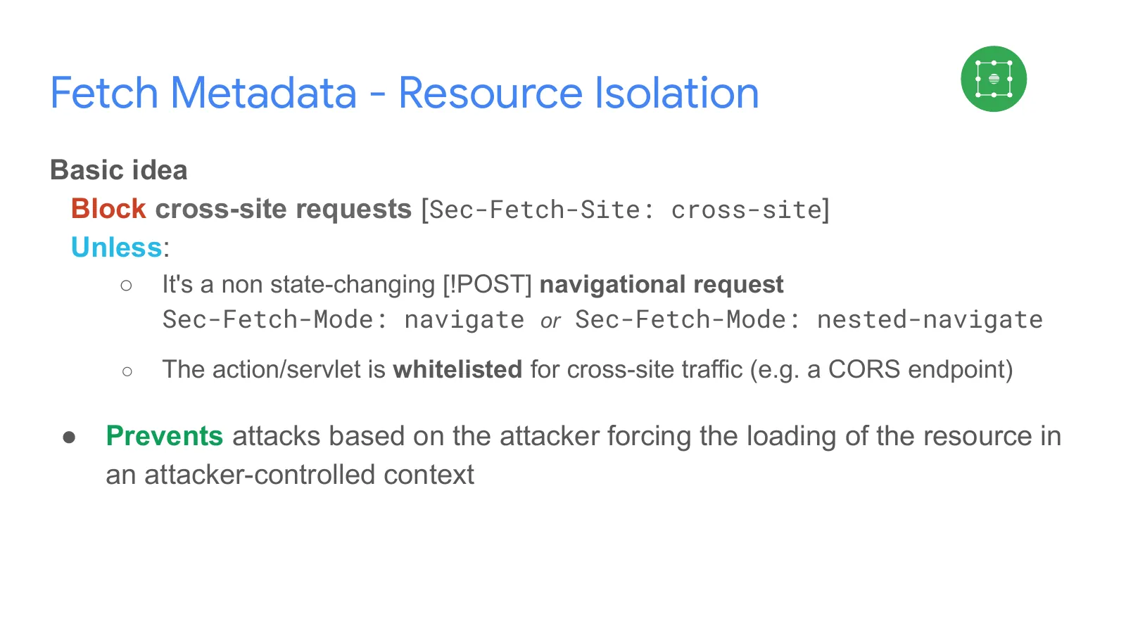 Slide 20: Fetch Metadata - Resource Isolation