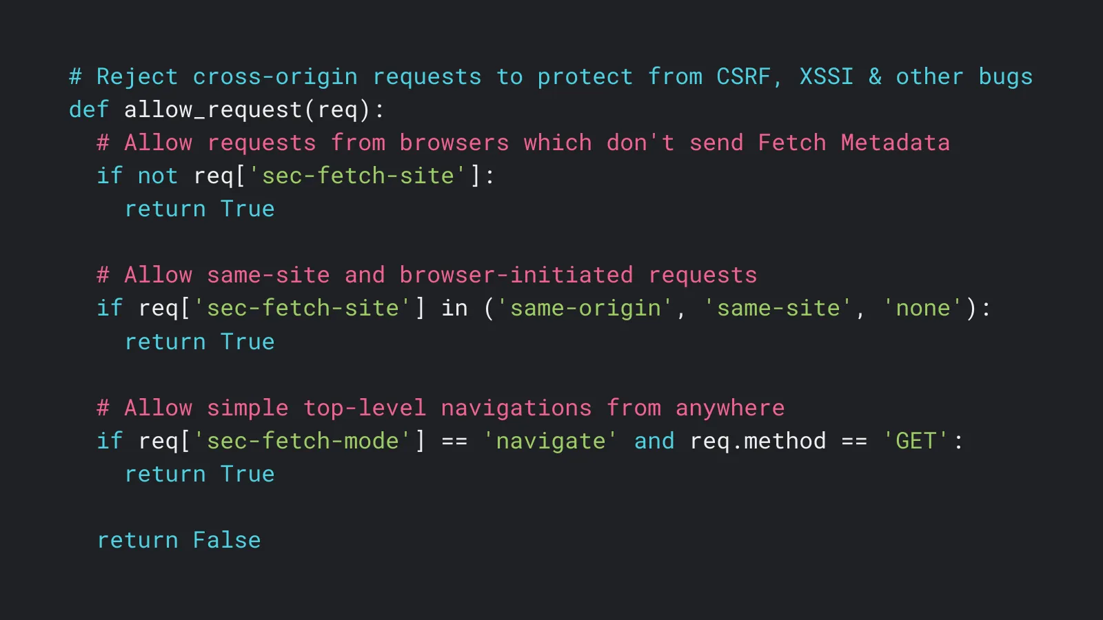 Slide 21: # Reject cross-origin requests to protect from CSRF, XSSI & other bugs