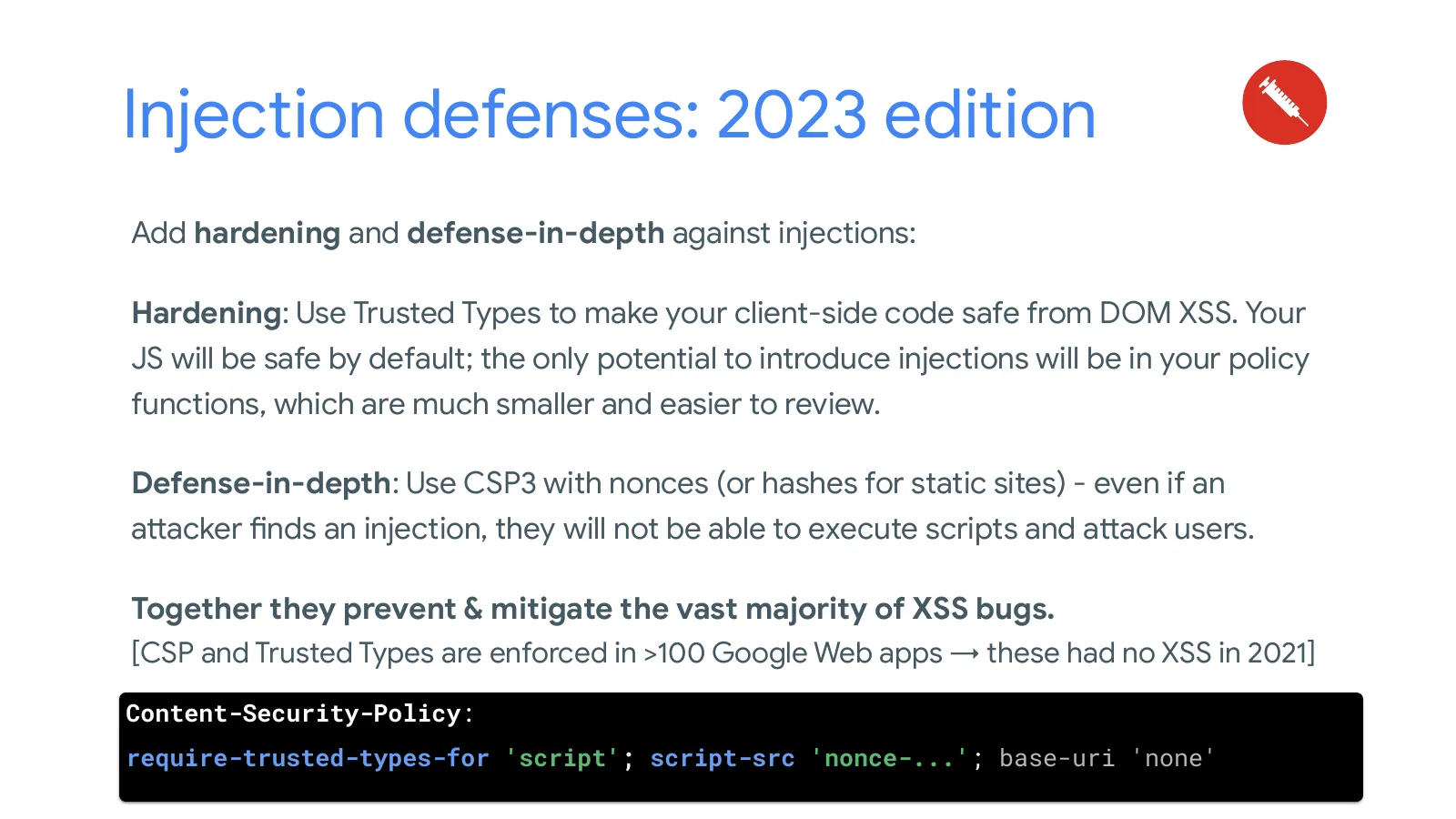 Slide 68: Injection defenses: 2023 edition