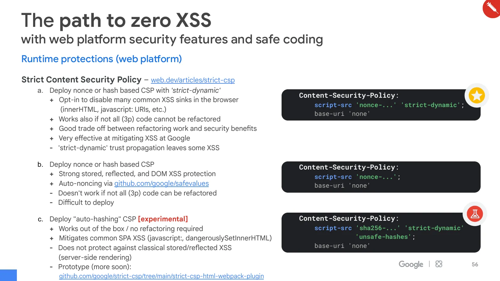 Slide 56: The path to zero XSS (continued)