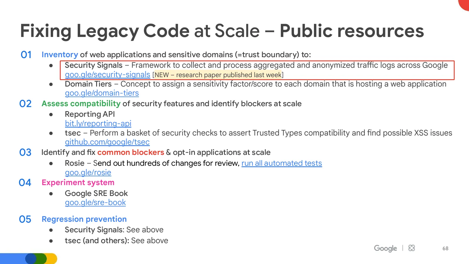 Slide 68: Fixing Legacy Code at Scale – Public resources