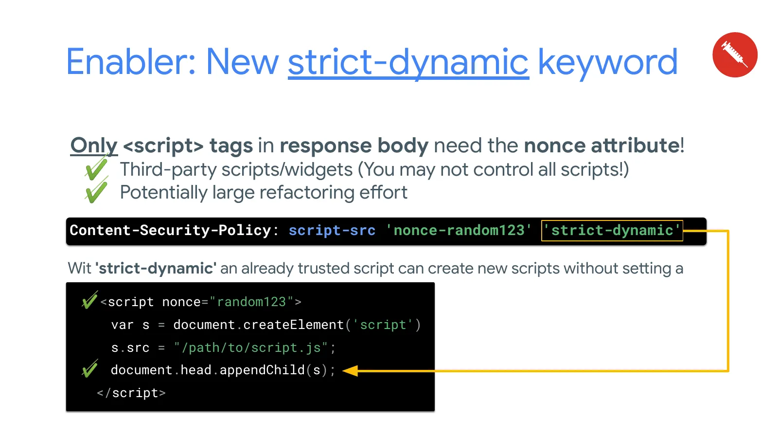 Slide 23: Enabler: New strict-dynamic keyword